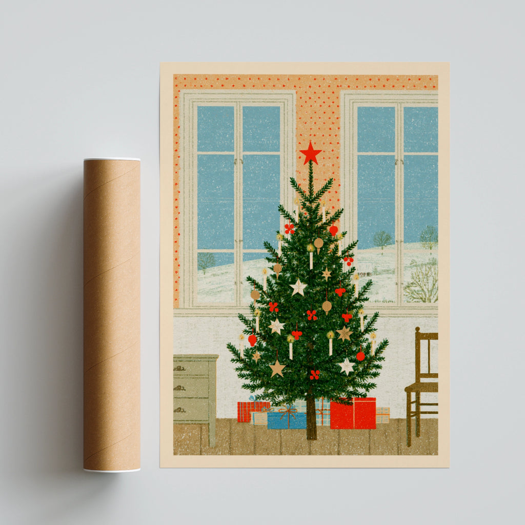 Retro Christmas Tree Poster, Vintage Festive Wall Art, Scandi Holiday Print, Cosy Xmas Decor