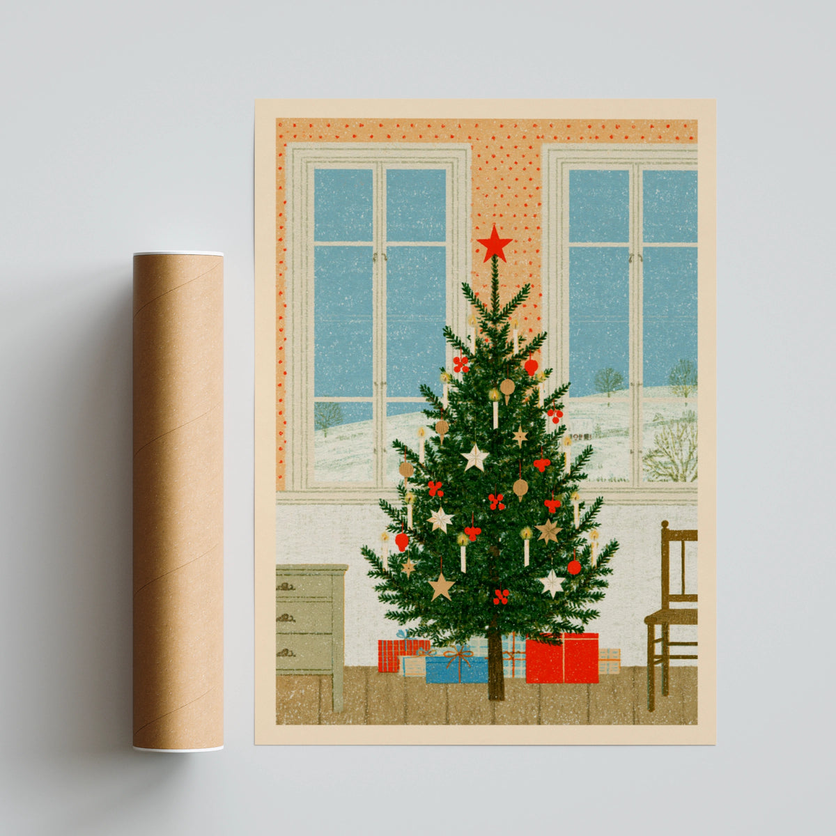 Retro Christmas Tree Poster, Vintage Festive Wall Art, Scandi Holiday Print, Cosy Xmas Decor