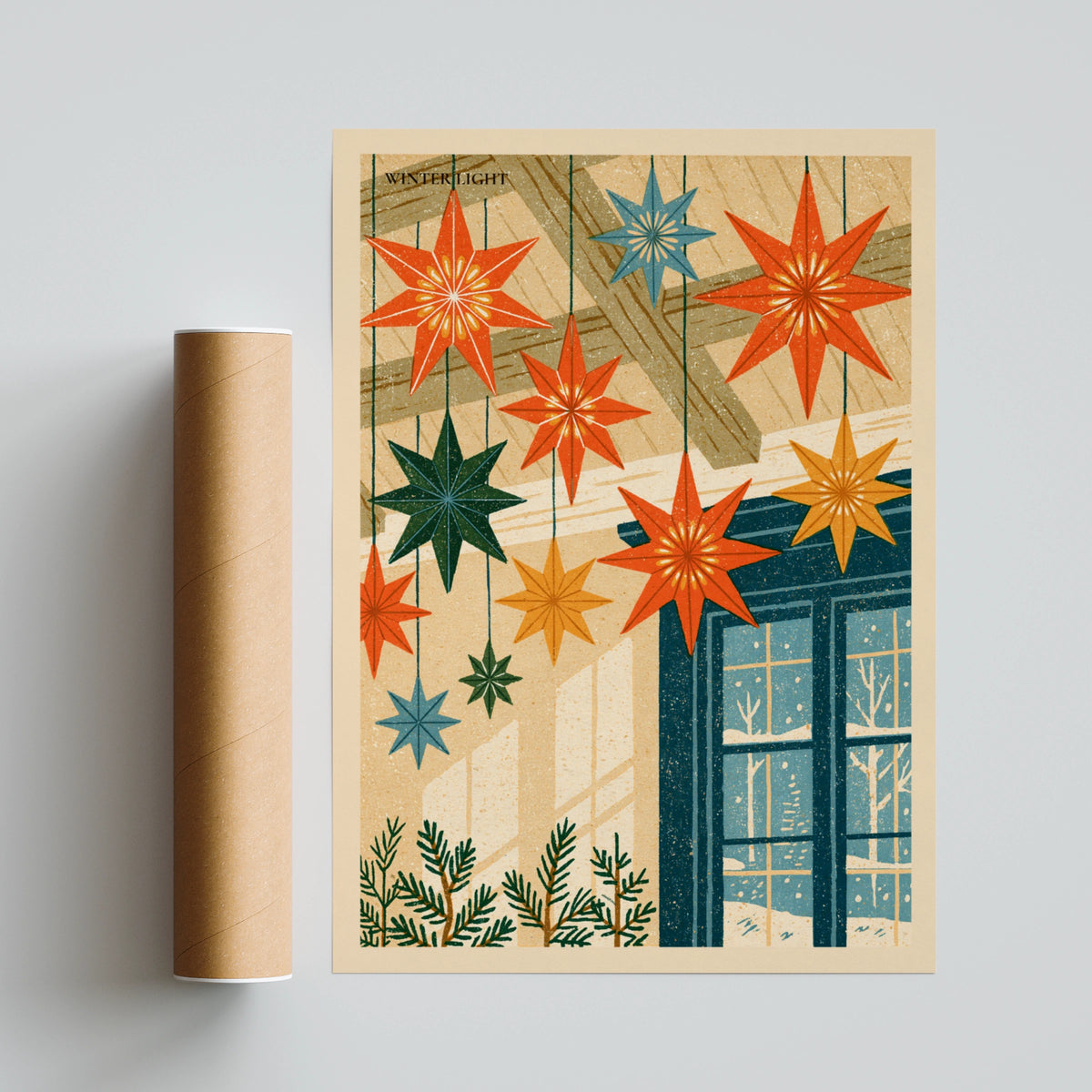 Winter Light Star Poster, Retro Christmas Wall Art, Scandi Hygge Print, Festive Home Decor