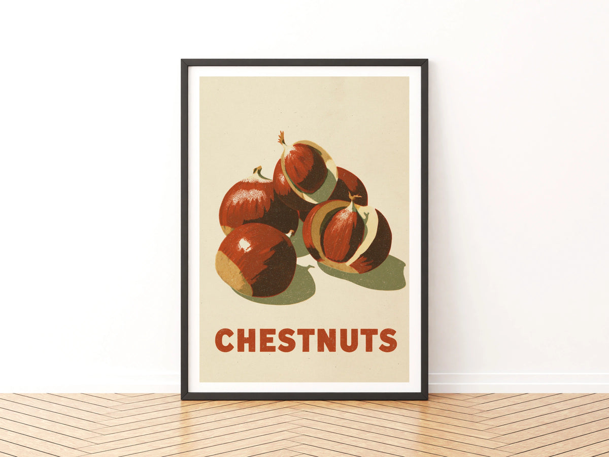Chestnuts Vintage Food Poster Print | Rustic Kitchen Decor | Retro Mid Century Risograph Art
