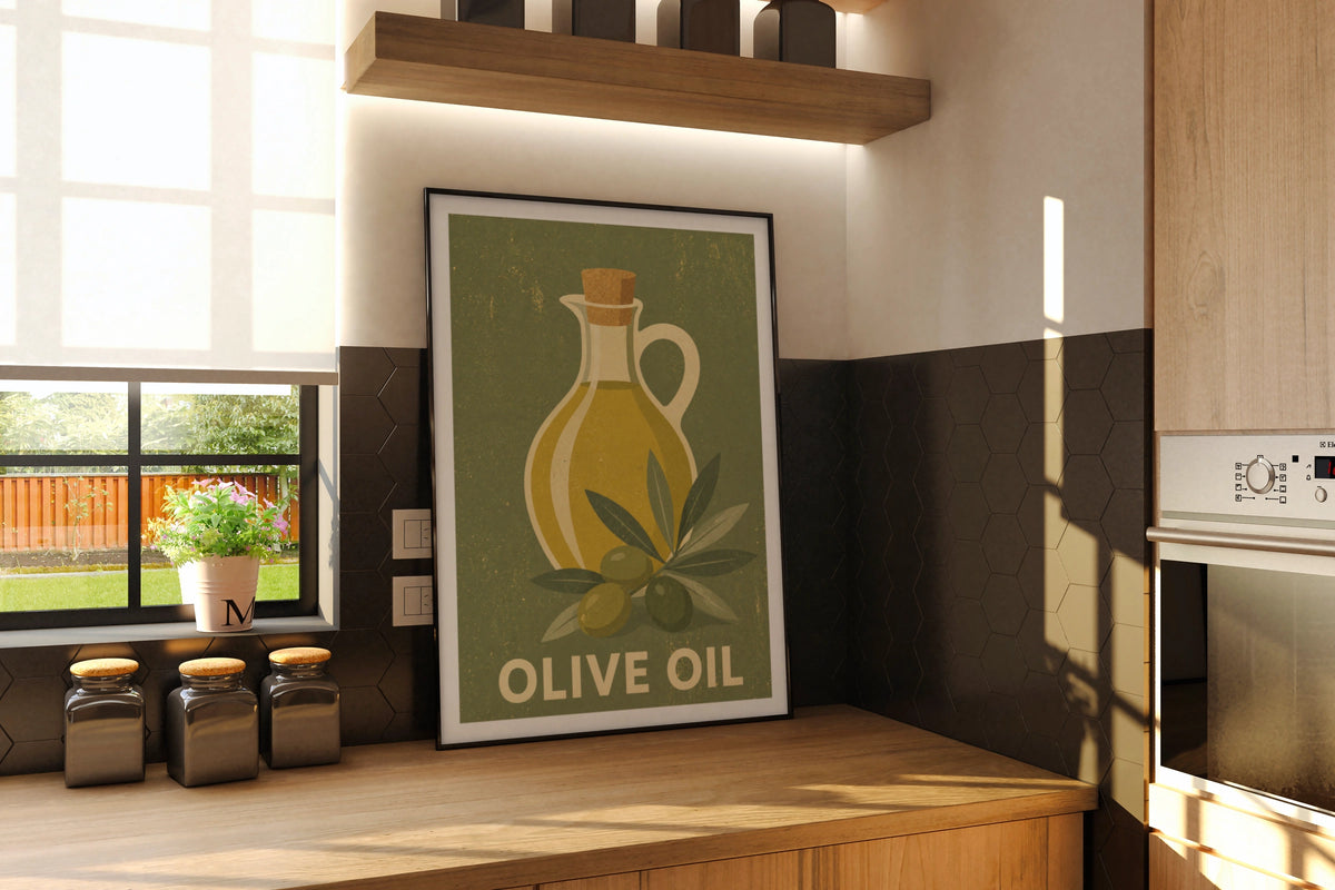 Olive Oil Vintage Food Poster Print | Rustic Kitchen Decor | Retro Mid Century Risograph Art