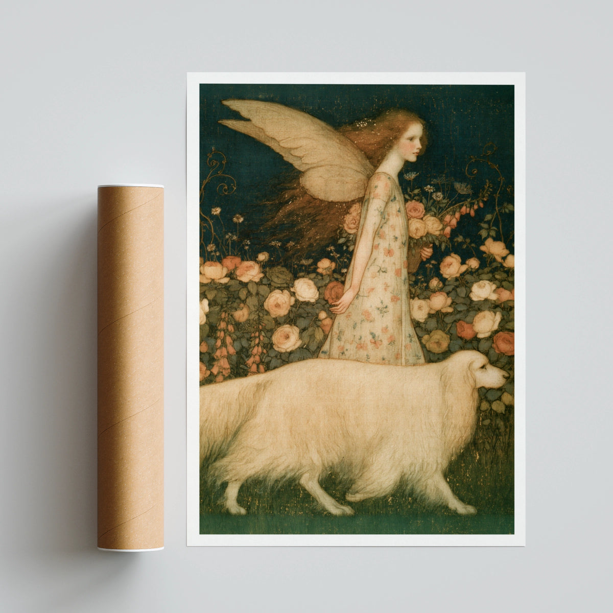 Arthur Rackham Fairy Girl Rose Garden Print, Classic Inspired Art, Vintage Fairy Dog Floral Poster
