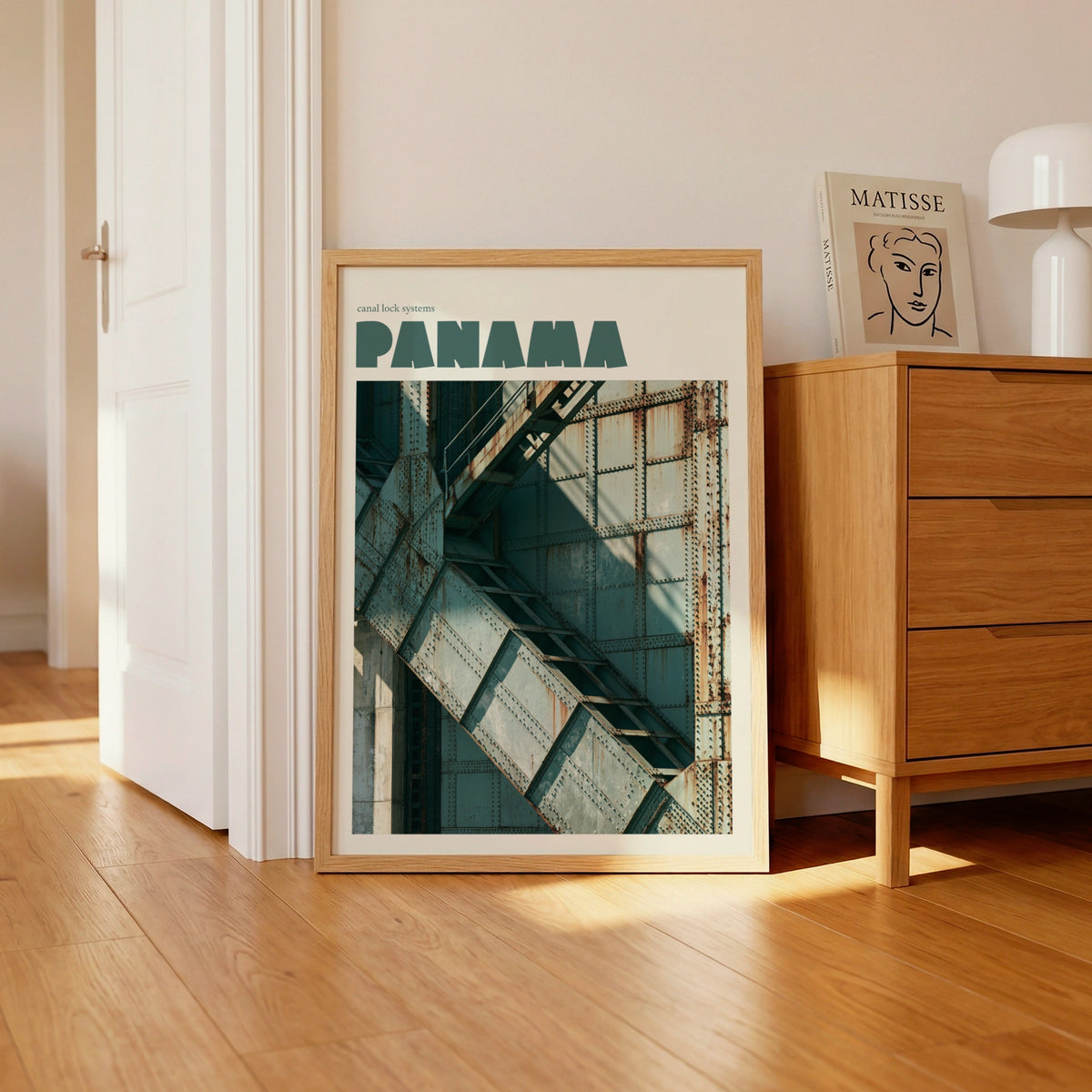 Panama Canal Print, Contemporary Travel Poster, Lock Gate Wall Art, Teal Industrial Decor