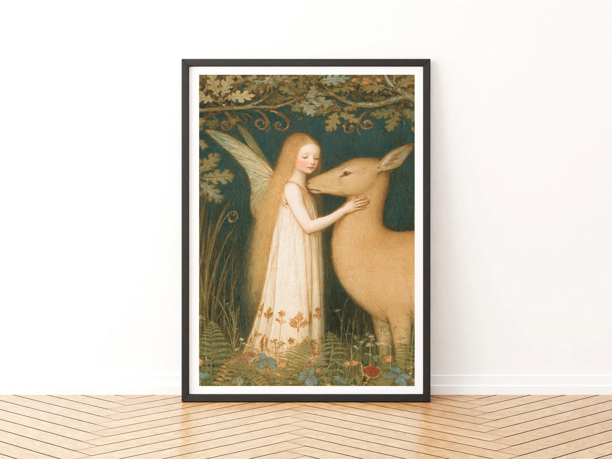 Fairy and Deer Forest Print, Classic Folk Art Poster, Woodland Wall Art, Vintage Illustrated