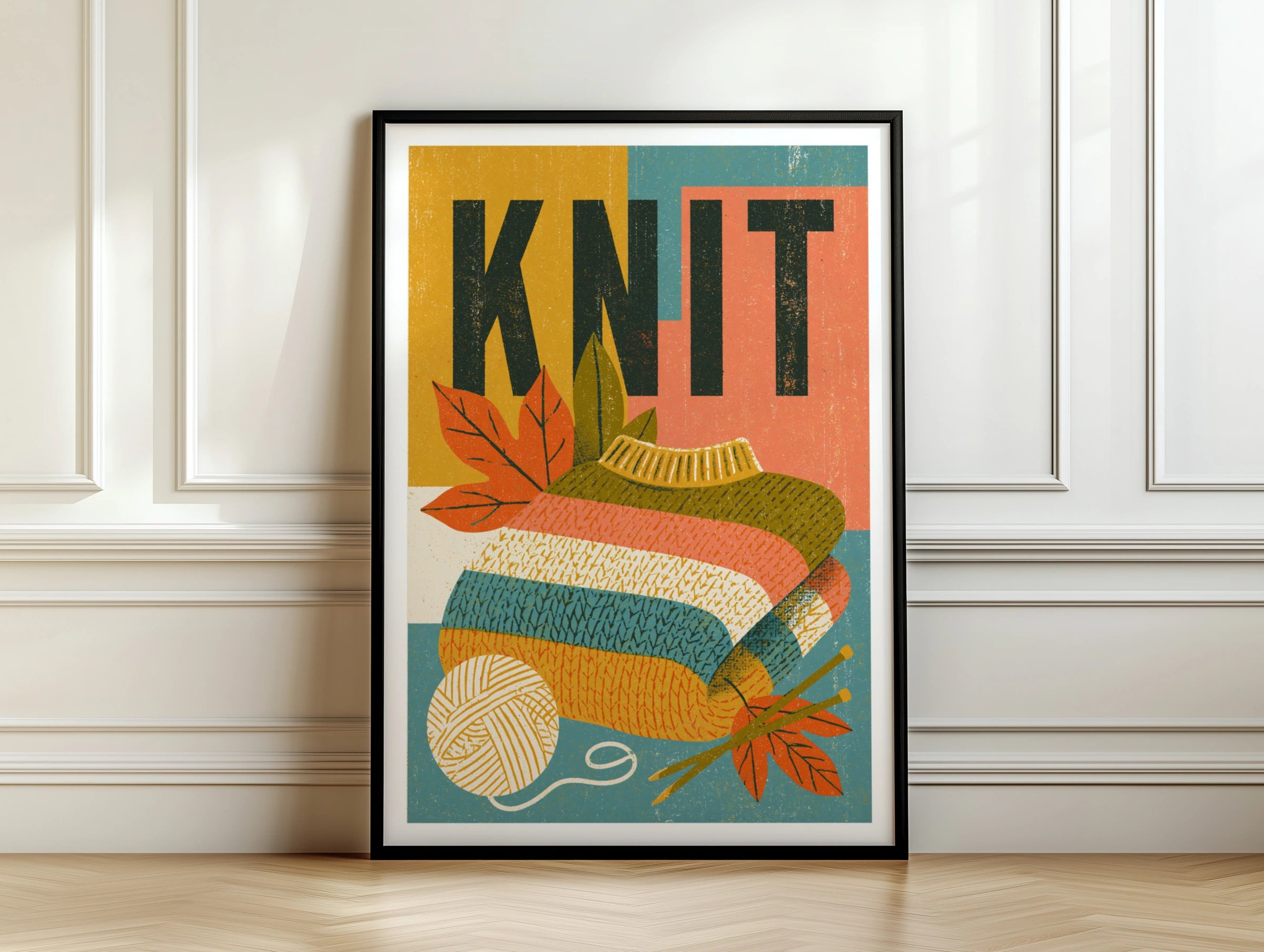 KNIT - Retro Knitting Poster, Knit Wall Art Print, Craft Room Decor, Autumn Yarn Gift