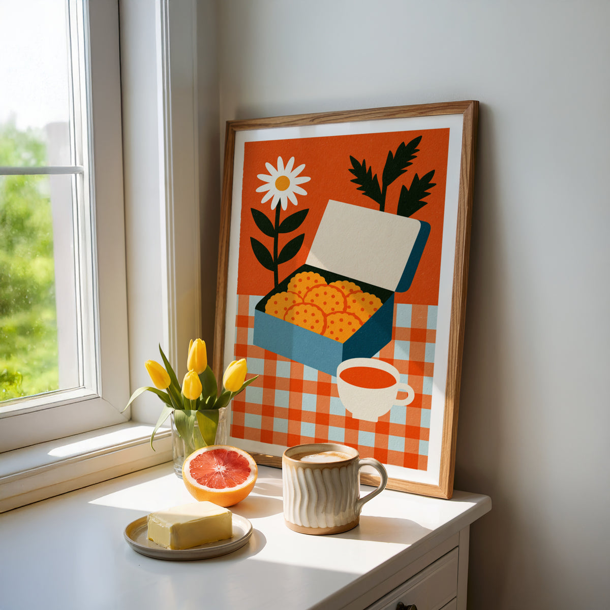 Vintage Food Poster Print, Biscuit Tin Tea Cup Art, Rustic Kitchen Decor, Retro Mid Century
