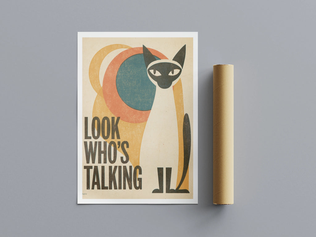 Retro Cat Print, Look Who's Talking, Siamese Cat Wall Art, Vintage Folk Style