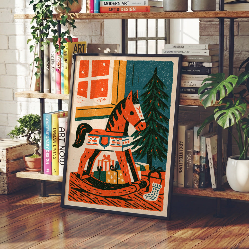 Vintage Rocking Horse Christmas Poster, Retro Festive Wall Art, Teal Orange Holiday Print