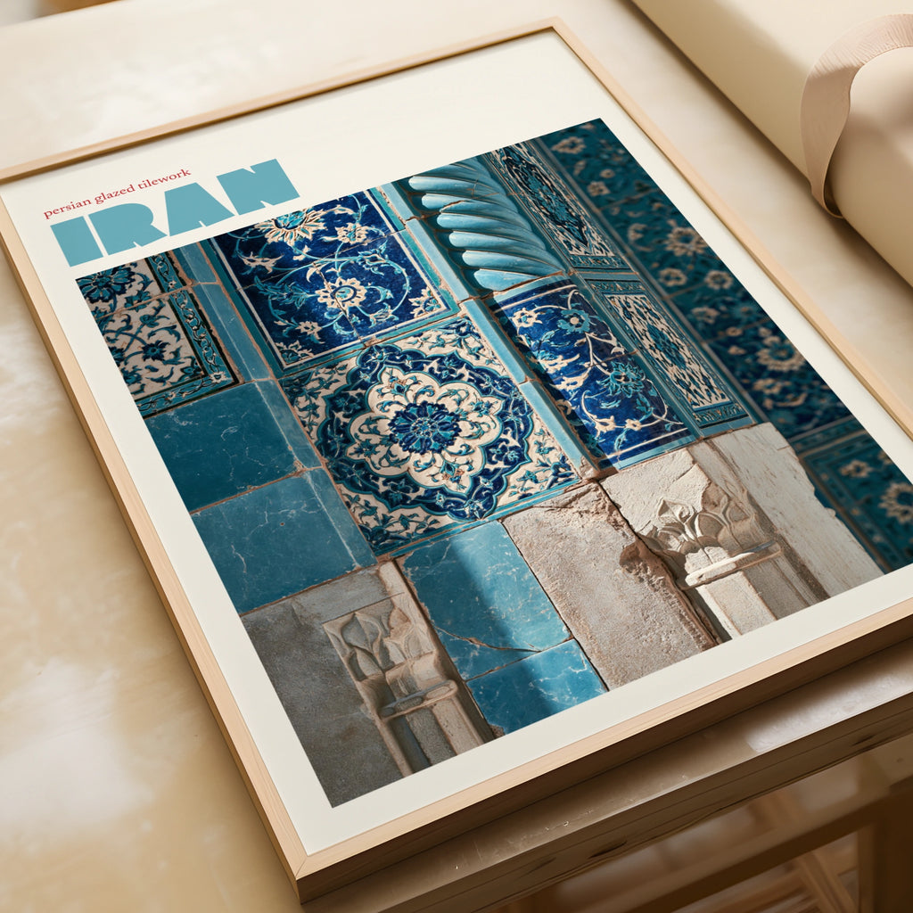 Iran Travel Poster, Persian Tilework Print, Contemporary Middle East Wall Art, Teal Blue Decor