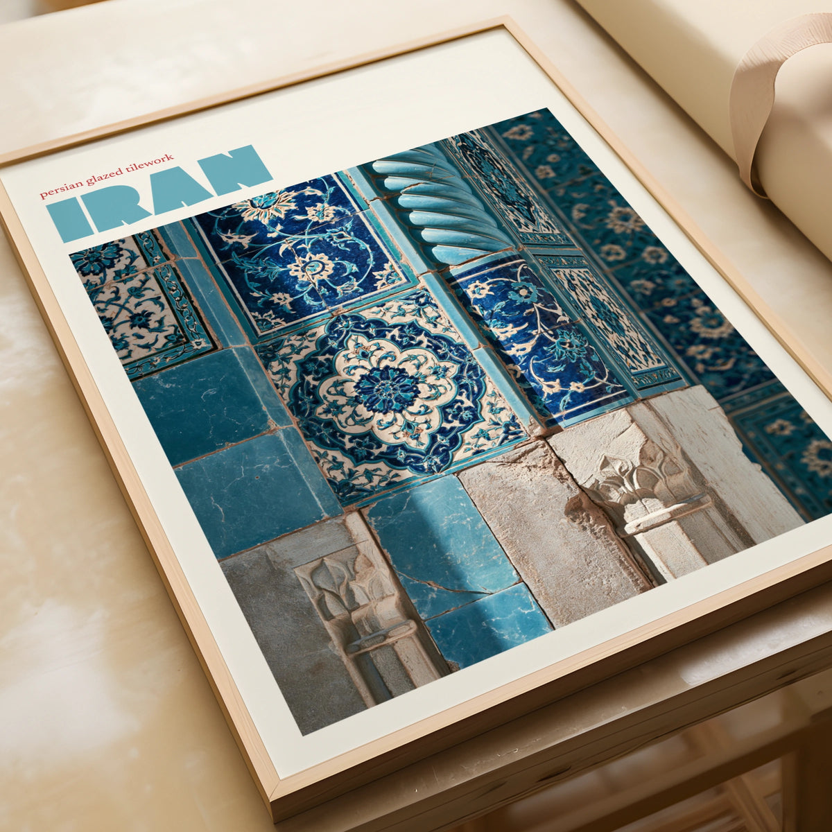 Iran Travel Poster, Persian Tilework Print, Contemporary Middle East Wall Art, Teal Blue Decor