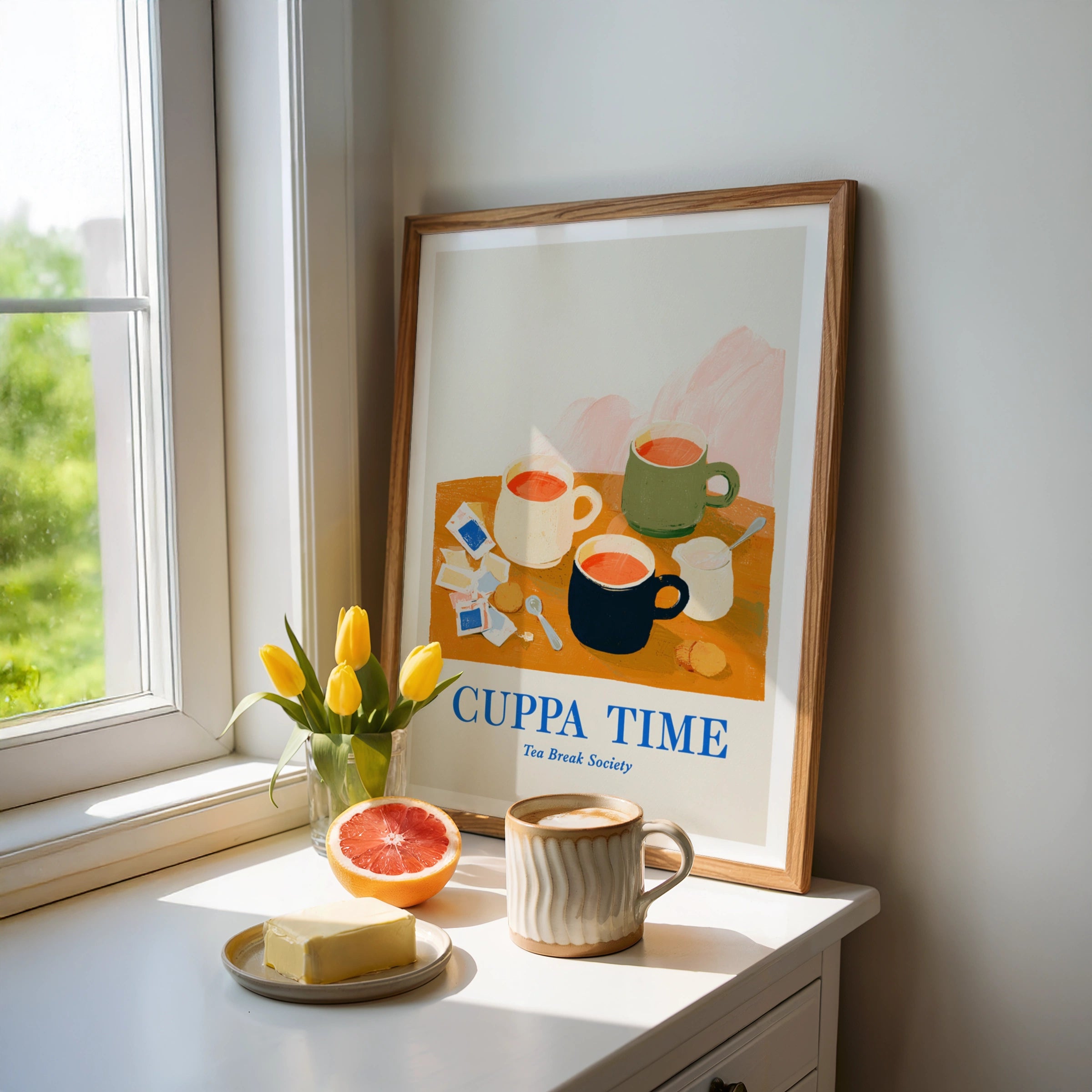 Cuppa Time Tea Print, Vintage Food Poster Print, Rustic Kitchen Decor, Retro Mid Century Risograph