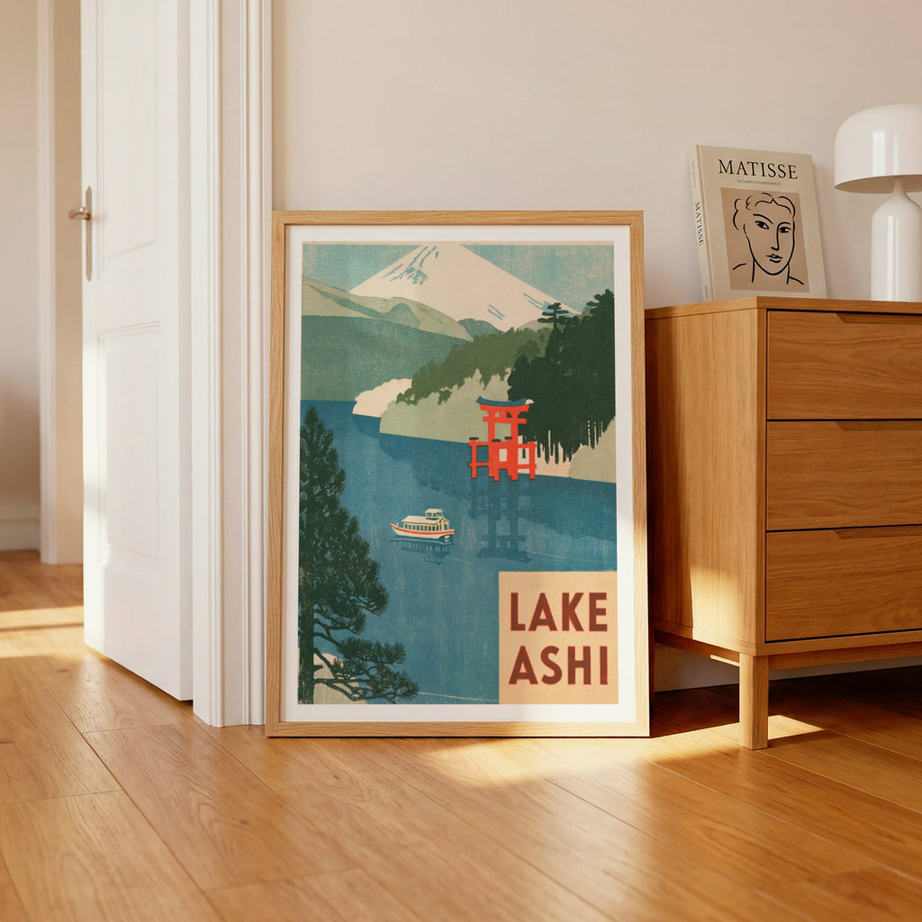 Lake Ashi Retro Travel Poster, Vintage Travel Print, Mount Fuji Japan Wall Art, Torii Gate Print