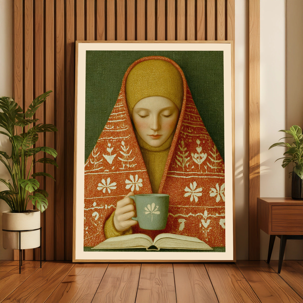 Classic Inspired Woman Reading Print, Cosy Tea Poster, Folk Art Wall Art, Hygge Home Decor Gift