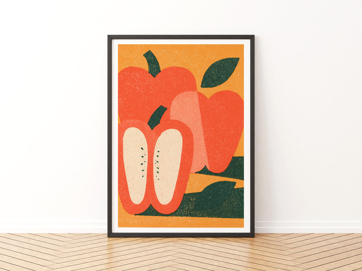 Vintage Food Poster Print | Rustic Kitchen Decor, Red Pepper Wall Art, Mid Century Vegetable Art