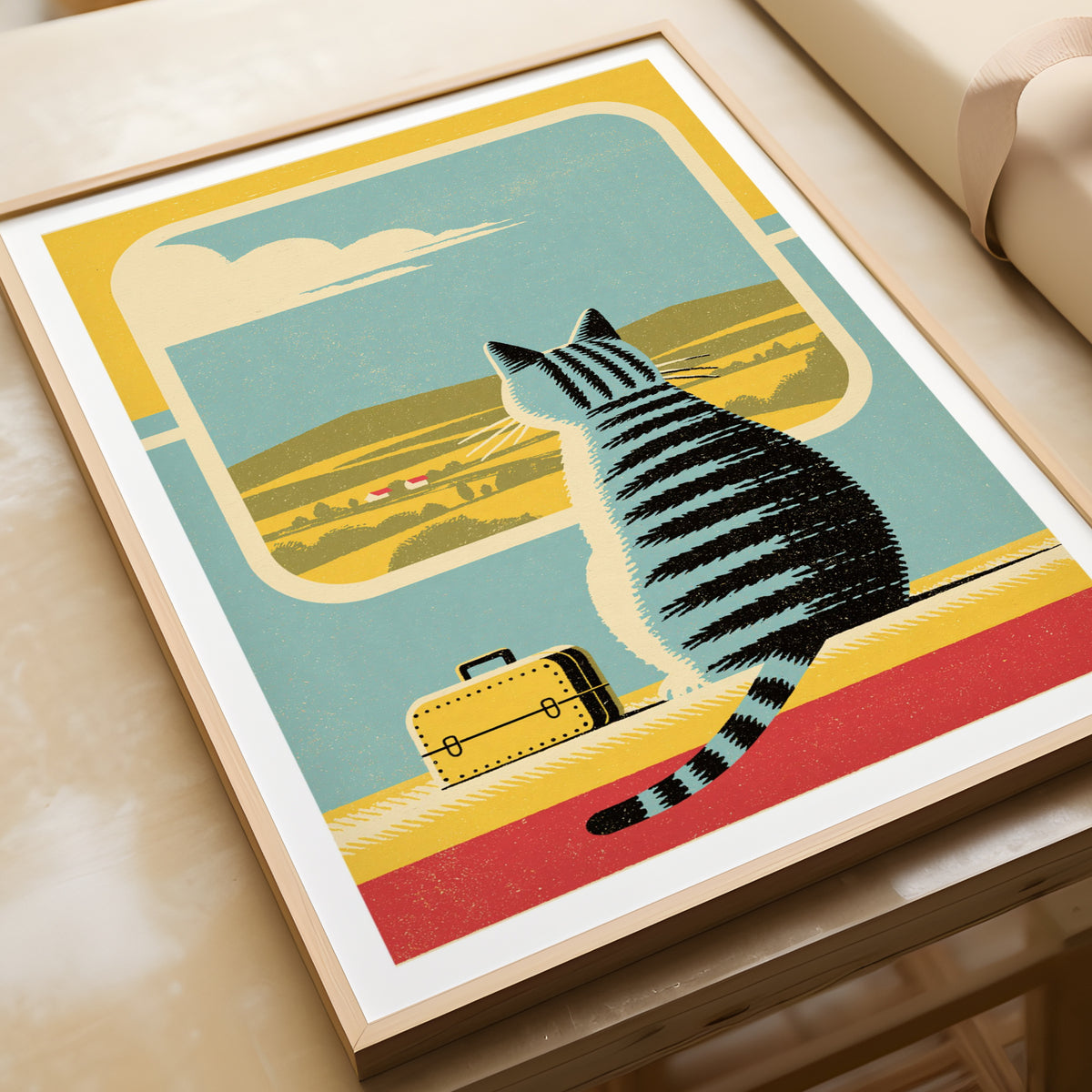 Retro Cat Train Travel Print, Tabby Cat Wall Art, Vintage Folk Style Animal Art, Cat Lover Gift