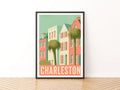 Charleston Retro Travel Poster, Rainbow Row Houses Print, South Carolina Wall Art