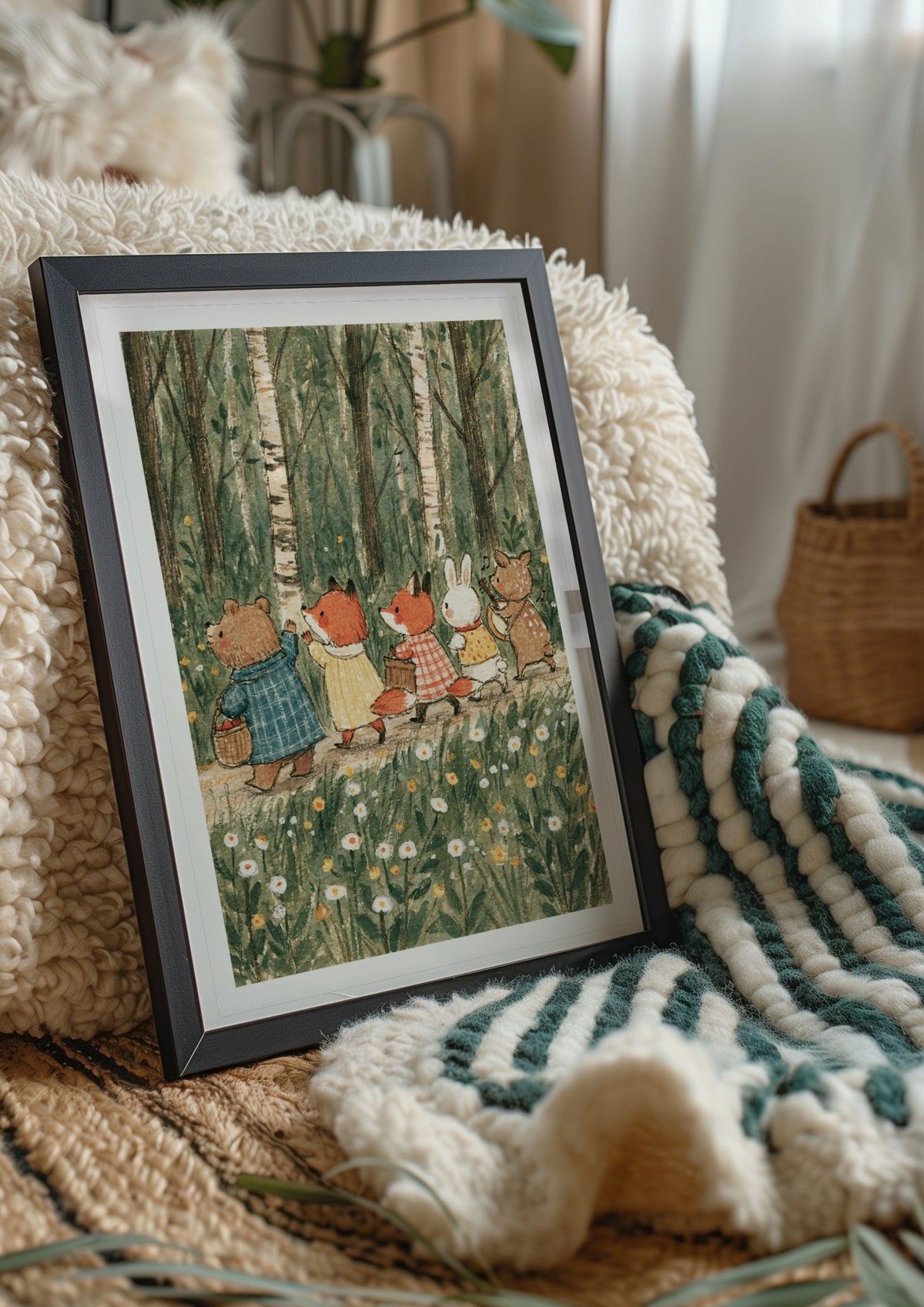 Woodland Animal Friends Forest Walk Print, Retro Unisex Children', Nursery Wall Art