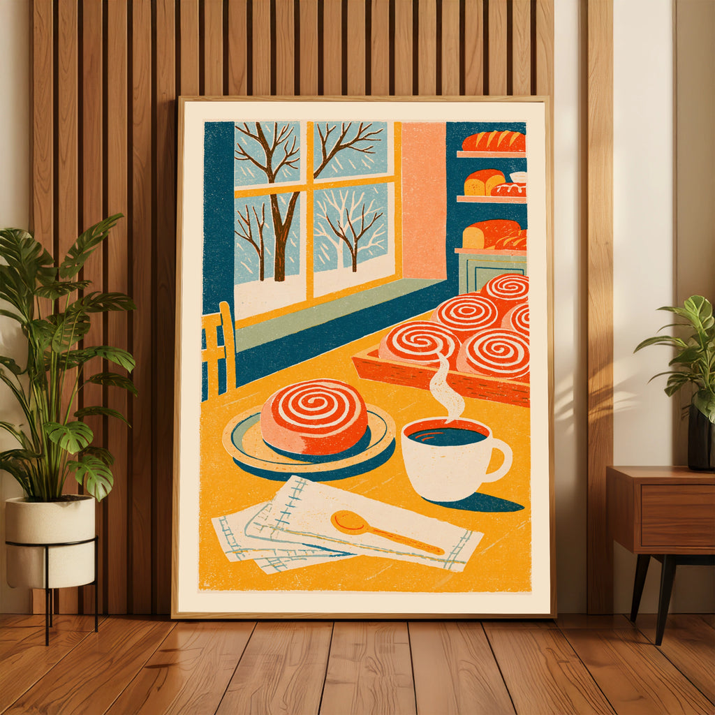Vintage Food Poster Print, Cinnamon Roll Bakery, Rustic Kitchen Decor, Retro Mid Century Risograph
