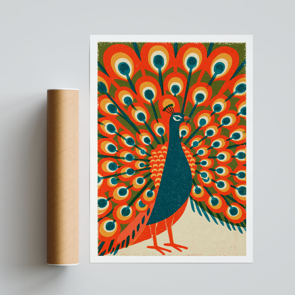 Retro Peacock Wall Art, Vintage Bird Poster, Mid Century Animal Print, Bold Orange Gallery Wall