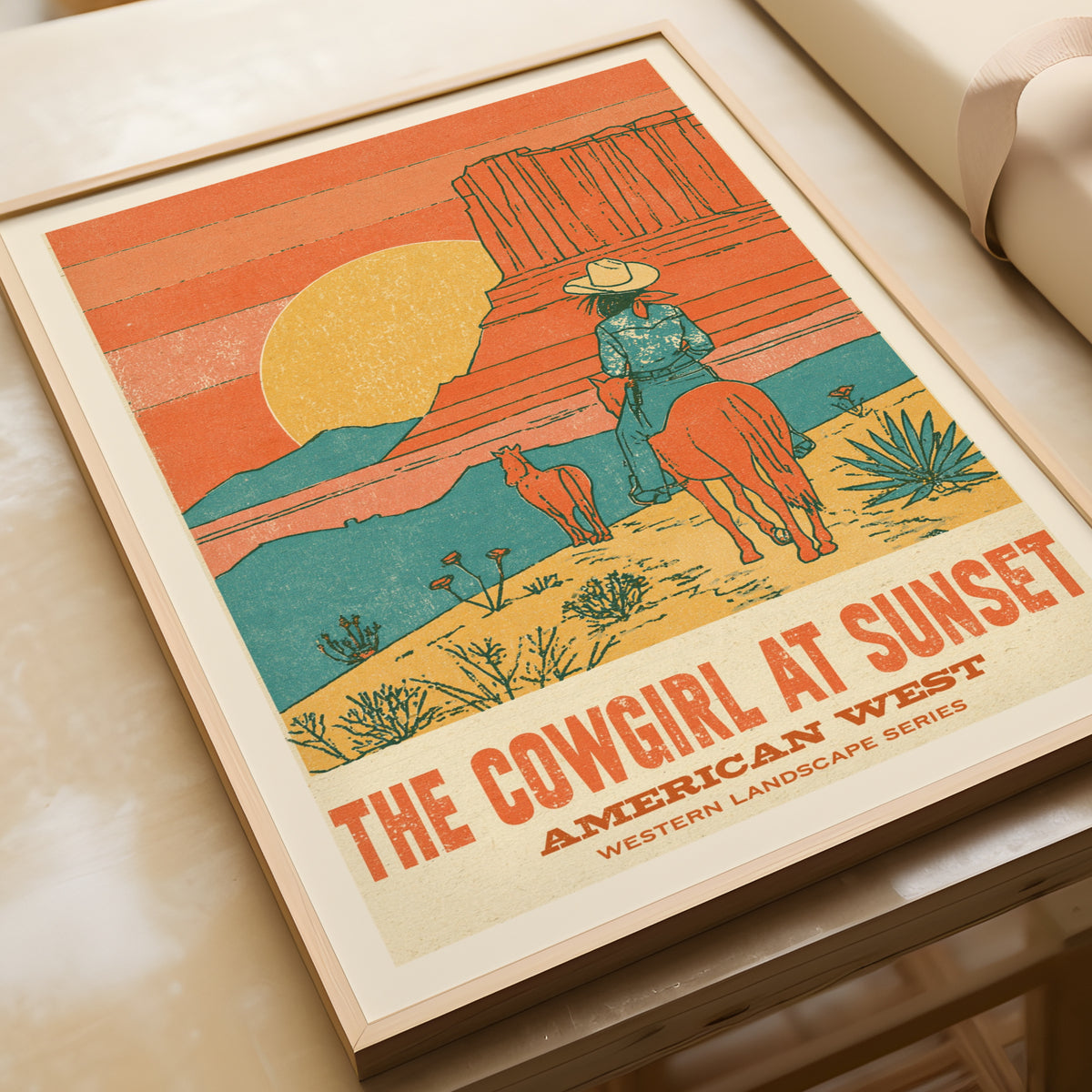 Contemporary Cowgirl at Sunset Print, American West Wall Art, Desert Canyon Retro Western Decor