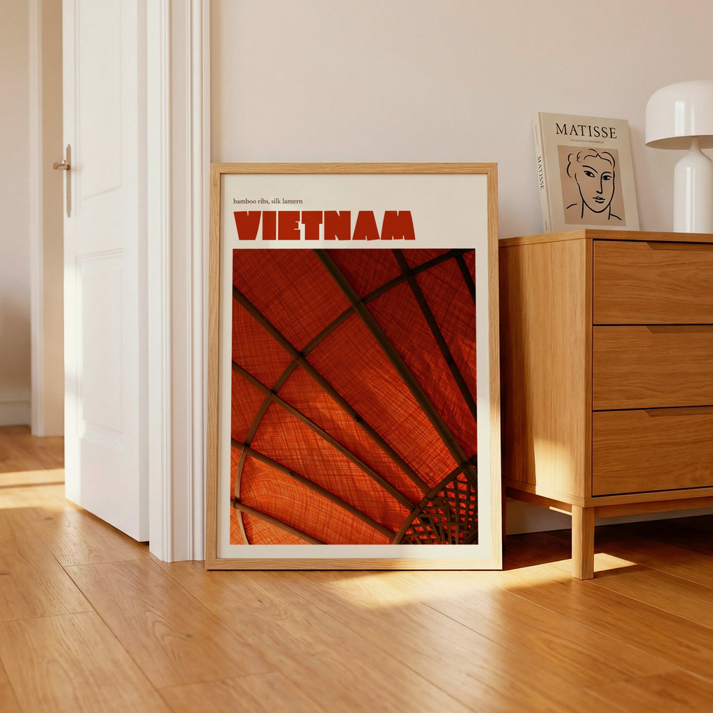 Vietnam Travel Poster, Retro Silk Lantern Print, Red Orange Wall Art, Asian Decor