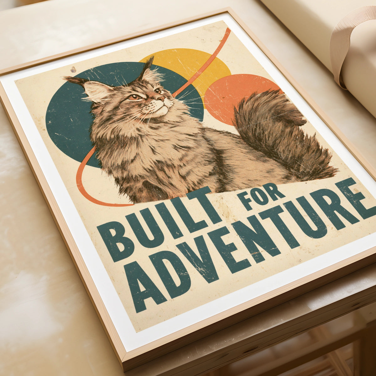 Retro Maine Coon Cat Print, Built For Adventure, Vintage Style Feline Wall Art