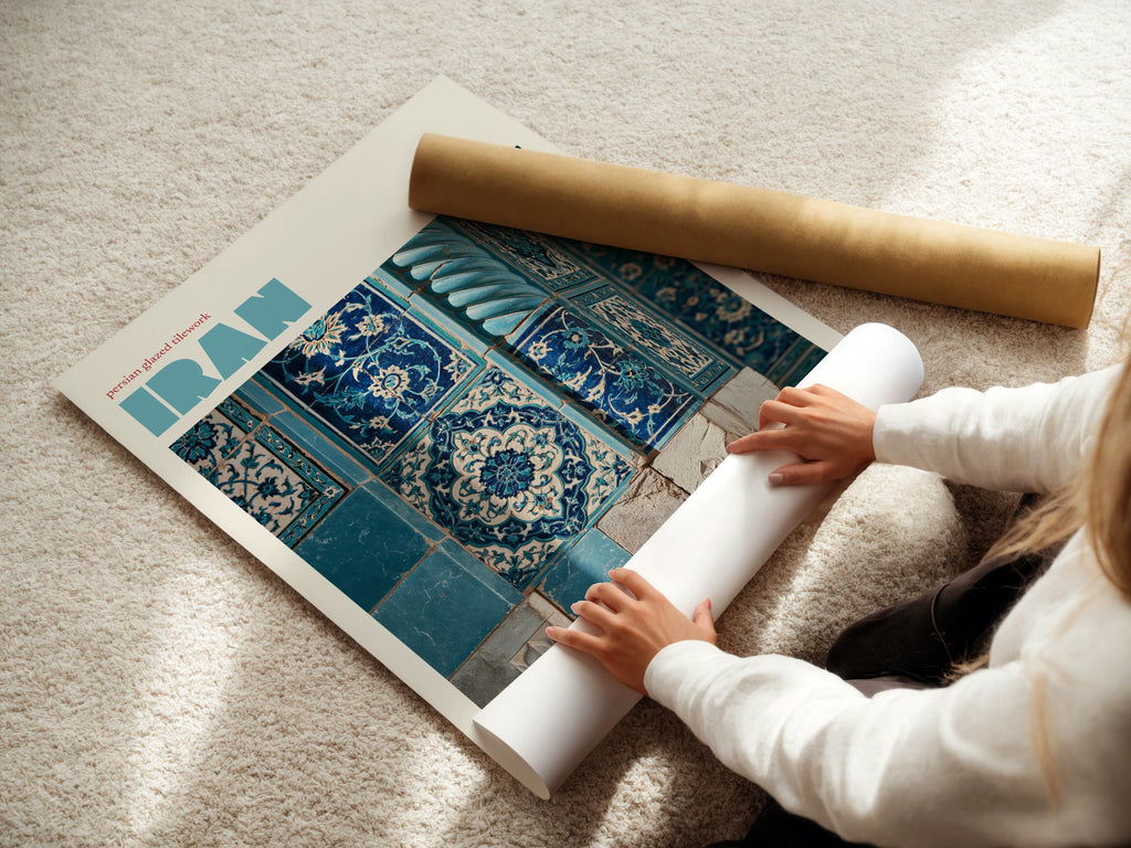 Iran Travel Poster, Persian Tilework Print, Contemporary Middle East Wall Art, Teal Blue Decor