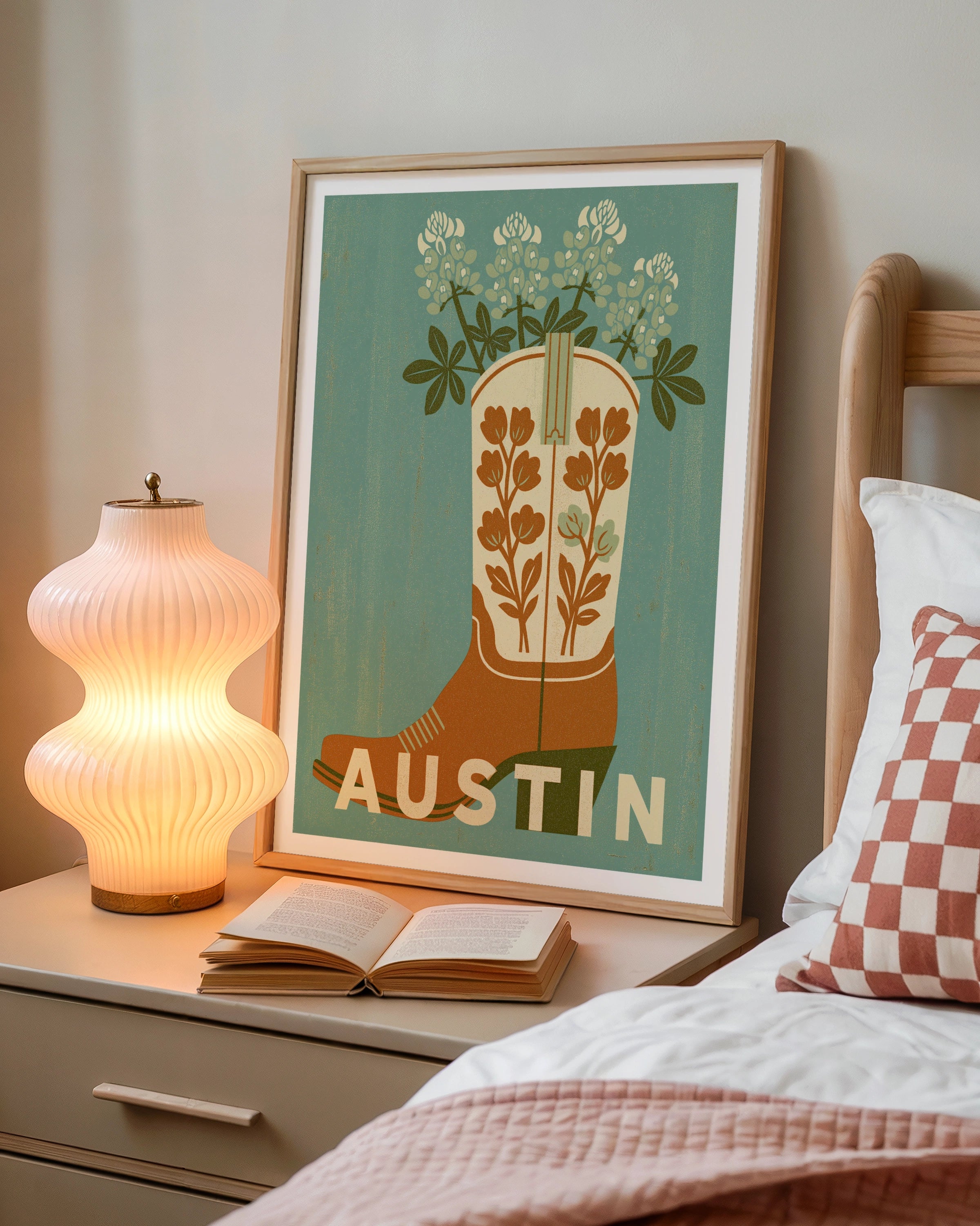 Austin Texas Retro Travel Poster, Cowboy Boot Bluebonnet Flower Art Print, Teal