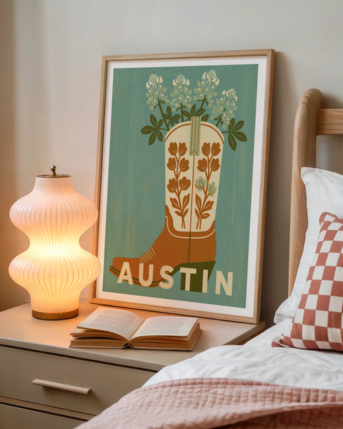 Austin Texas Retro Travel Poster, Cowboy Boot Bluebonnet Flower Art Print, Teal