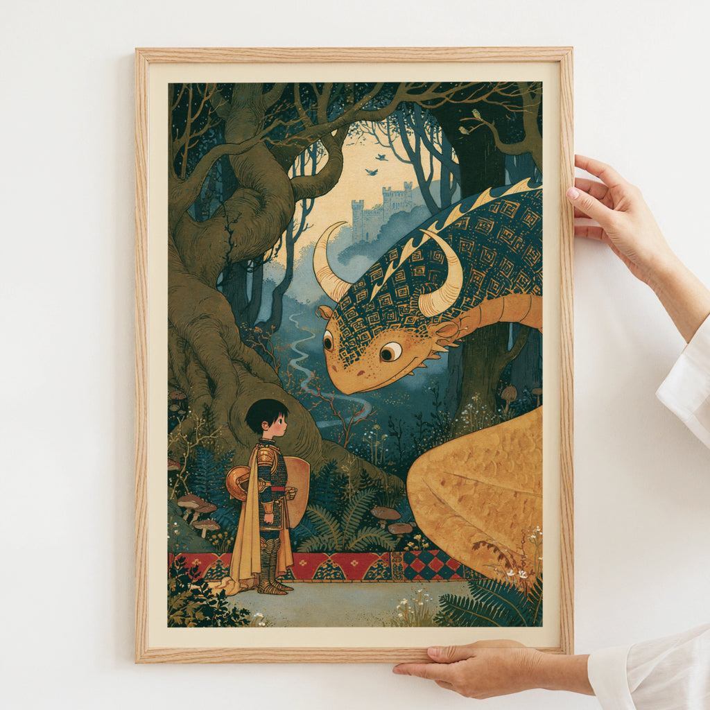 The Boy Knight and Dragon Print, Retro Children's Fantasy Poster, Fairy Tale Kids Wall Art