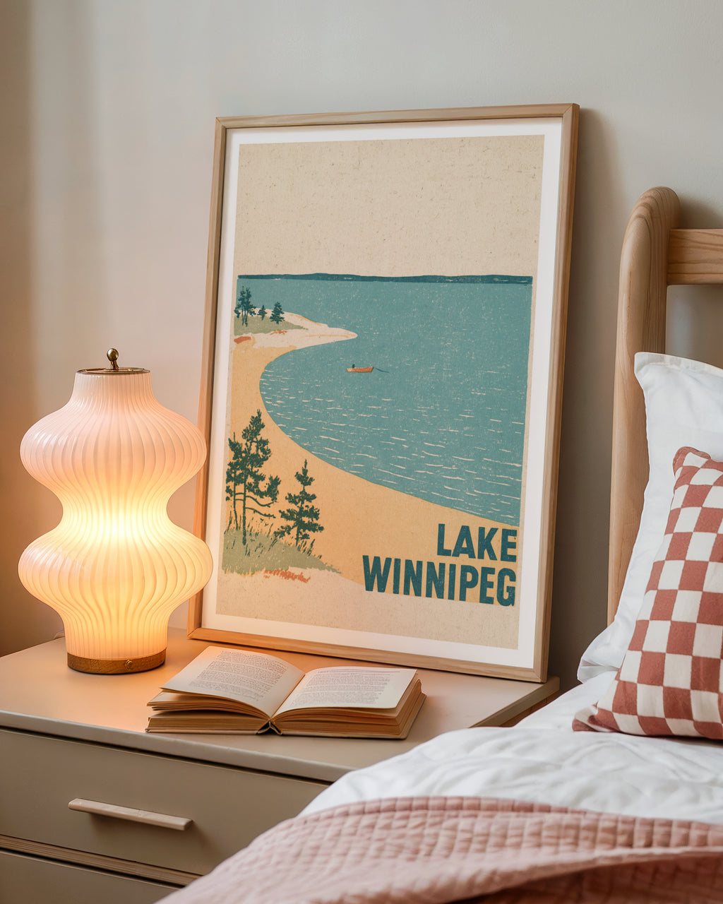 Lake Winnipeg Retro Print, Vintage Travel Poster, Manitoba Canada Lakeside Beach, Rowing Boat Pine
