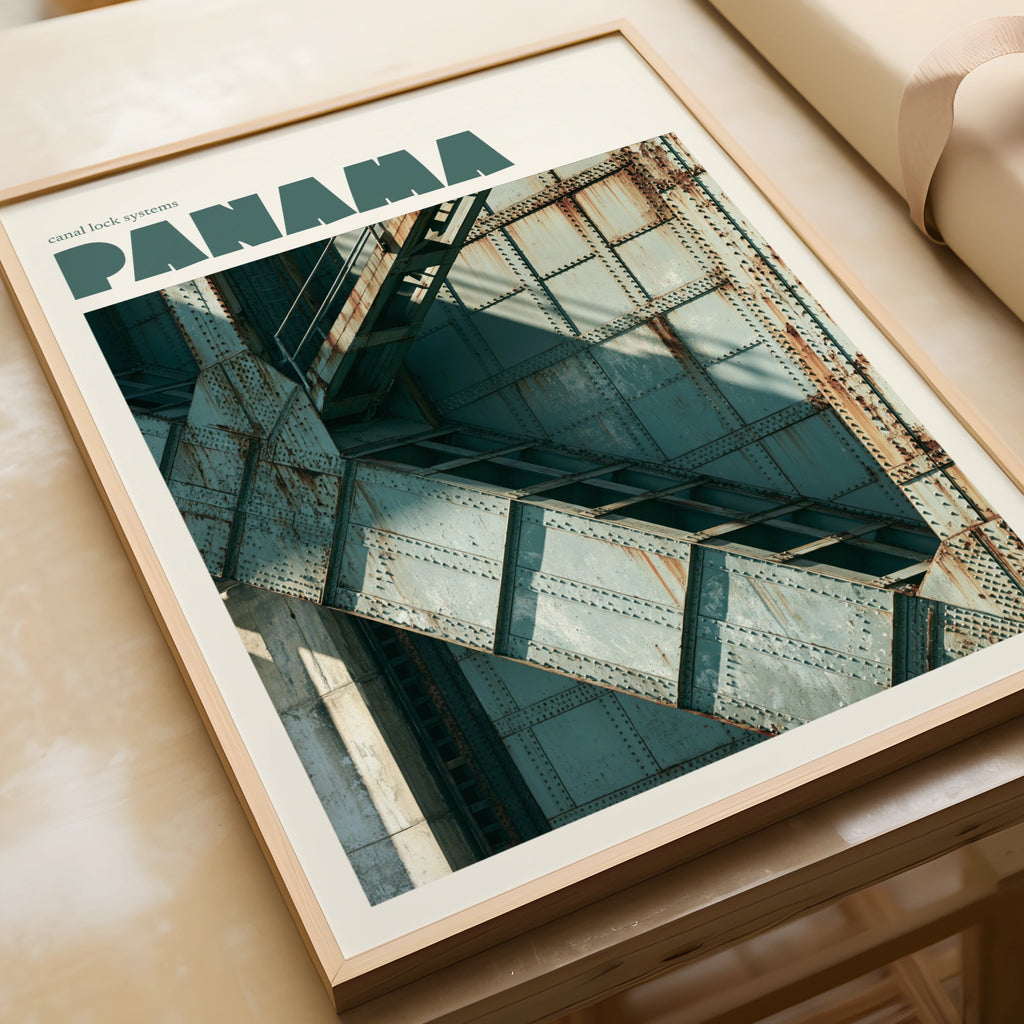 Panama Canal Print, Contemporary Travel Poster, Lock Gate Wall Art, Teal Industrial Decor