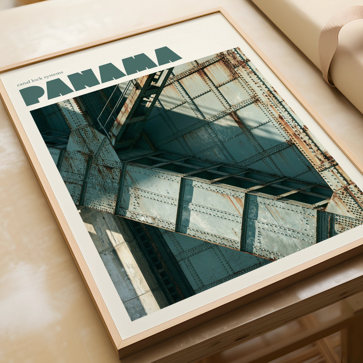 Panama Canal Print, Contemporary Travel Poster, Lock Gate Wall Art, Teal Industrial Decor