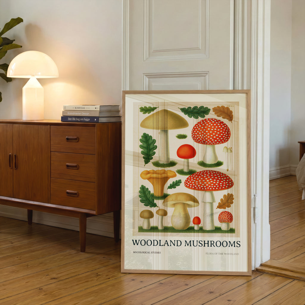 Woodland Mushrooms Botanical Print, Vintage Fungi Wall Art, Fly Agaric, Oak Leaves Nature Poster