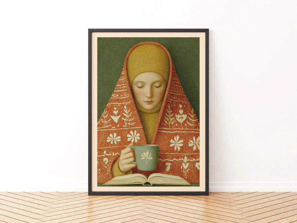 Classic Inspired Woman Reading Print, Cosy Tea Poster, Folk Art Wall Art, Hygge Home Decor Gift