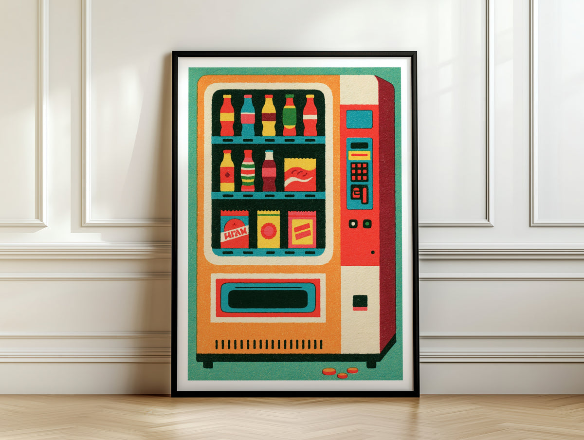 Retro Vending Machine Poster, Vintage Snack Print, Colourful Retro Kitchen Wall Art Decor
