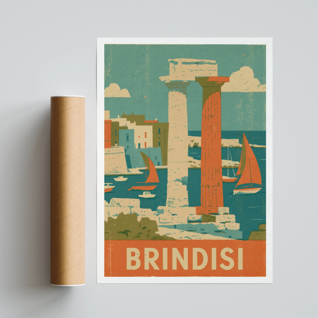Brindisi Vintage Travel Poster, Italy Retro Wall Art Print, Puglia Sailing Harbour