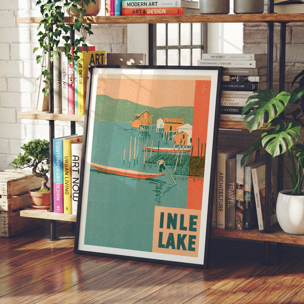Retro Inle Lake Poster, Vintage Travel Print, Myanmar Burma Wall Art, Stilt Houses, Fisherman Boat