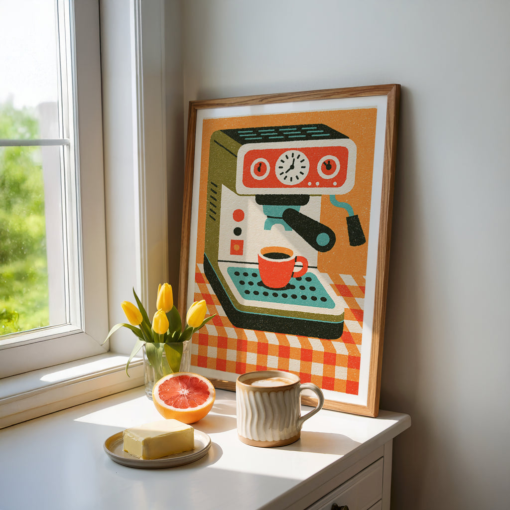 Retro Espresso Machine, Rustic Kitchen Decor, Mid Century Risograph Art