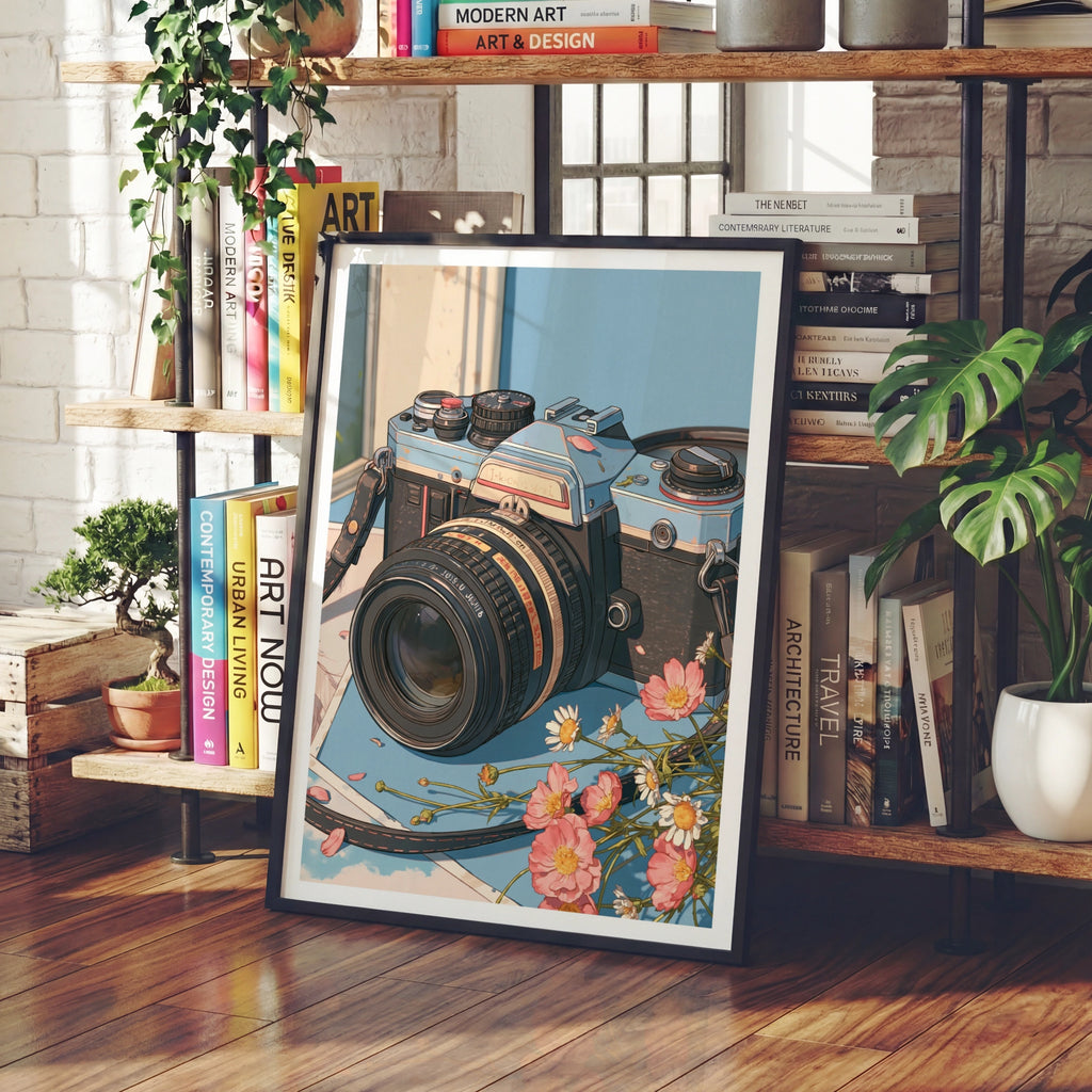 Retro Film Camera Poster, Vintage SLR Print, Pink Flowers Wall Art, Blue Aesthetic