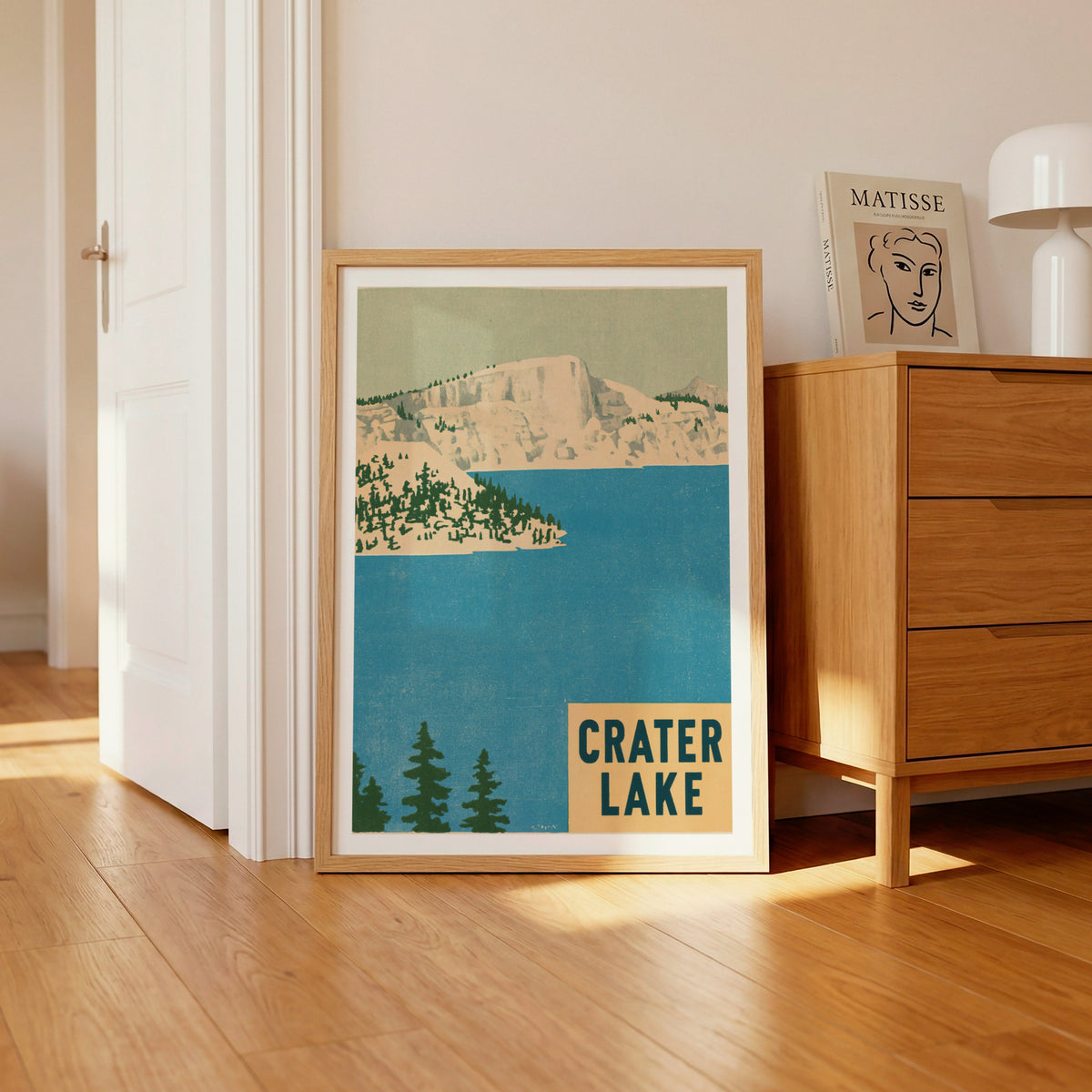Retro Crater Lake Poster, Vintage Travel Print, Oregon National Park Wall Art, Blue Lake Decor