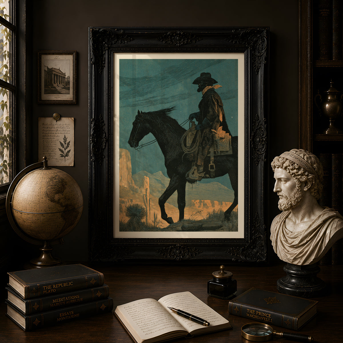 Western Cowboy Wall Art, Vintage Desert Landscape Print, Cowboy on Horseback Poster, Teal and Orange