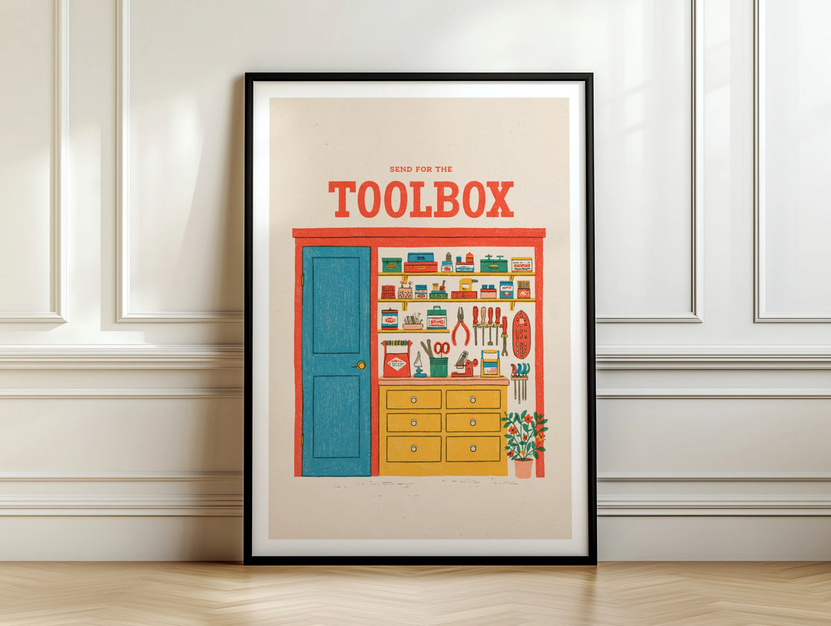 Send For The Toolbox Retro Workshop Poster, Vintage Tools Wall Art Print, Man Cave Print