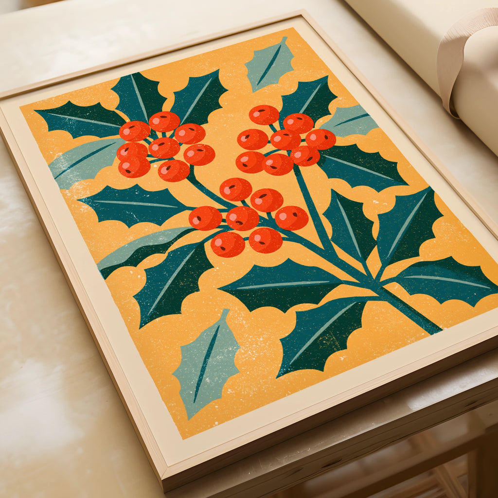 Vintage Holly Berry Poster, Retro Christmas Botanical Print, Teal Orange Festive Wall Art
