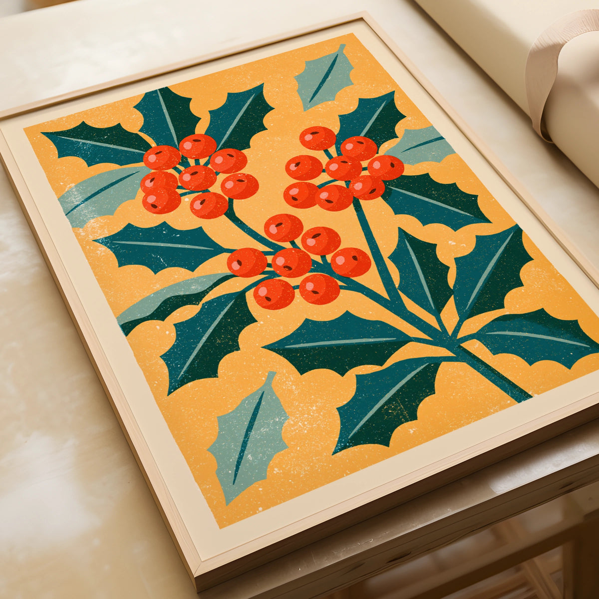Vintage Holly Berry Poster, Retro Christmas Botanical Print, Teal Orange Festive Wall Art