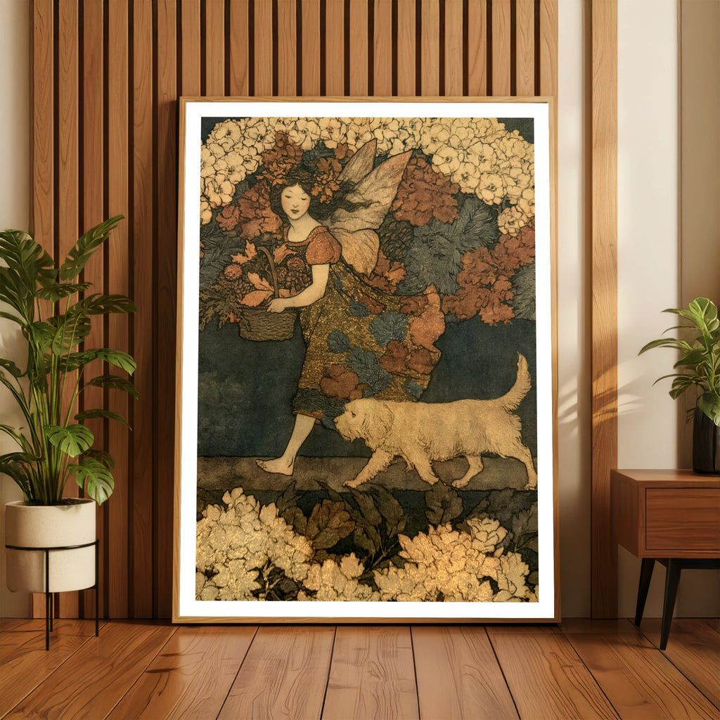 Fairy Girl with Dog Classic Inspired Print, Floral Folk Art Poster, Vintage Botanical Wall Art