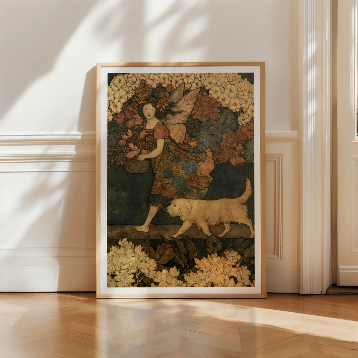 Fairy Girl with Dog Classic Inspired Print, Floral Folk Art Poster, Vintage Botanical Wall Art