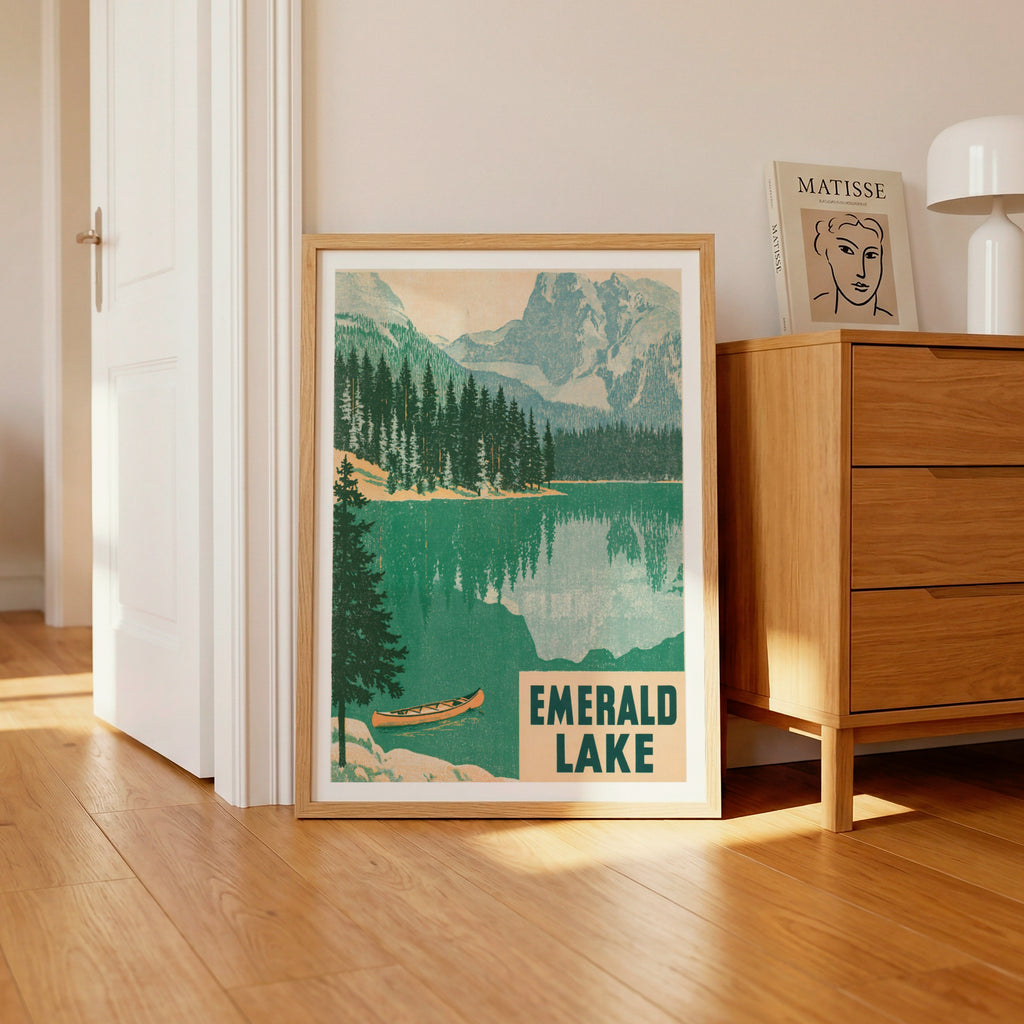 Emerald Lake Retro Vintage Travel Poster, Canada Mountain Lake Print, Canoe Pine Forest Wall Art