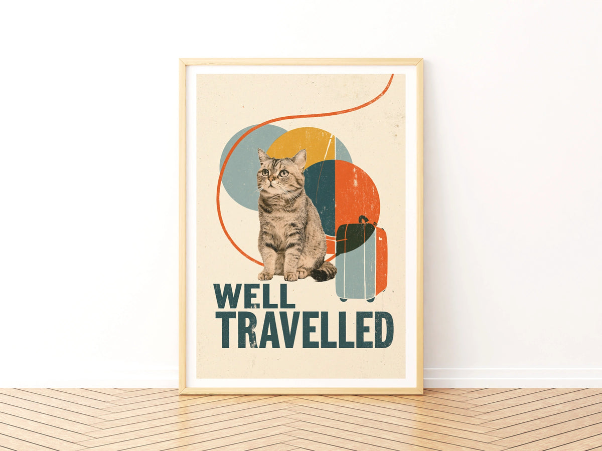 Well Travelled Retro Cat Print, Vintage Travel Wall Art, Funny Cat Gift, Folk Style