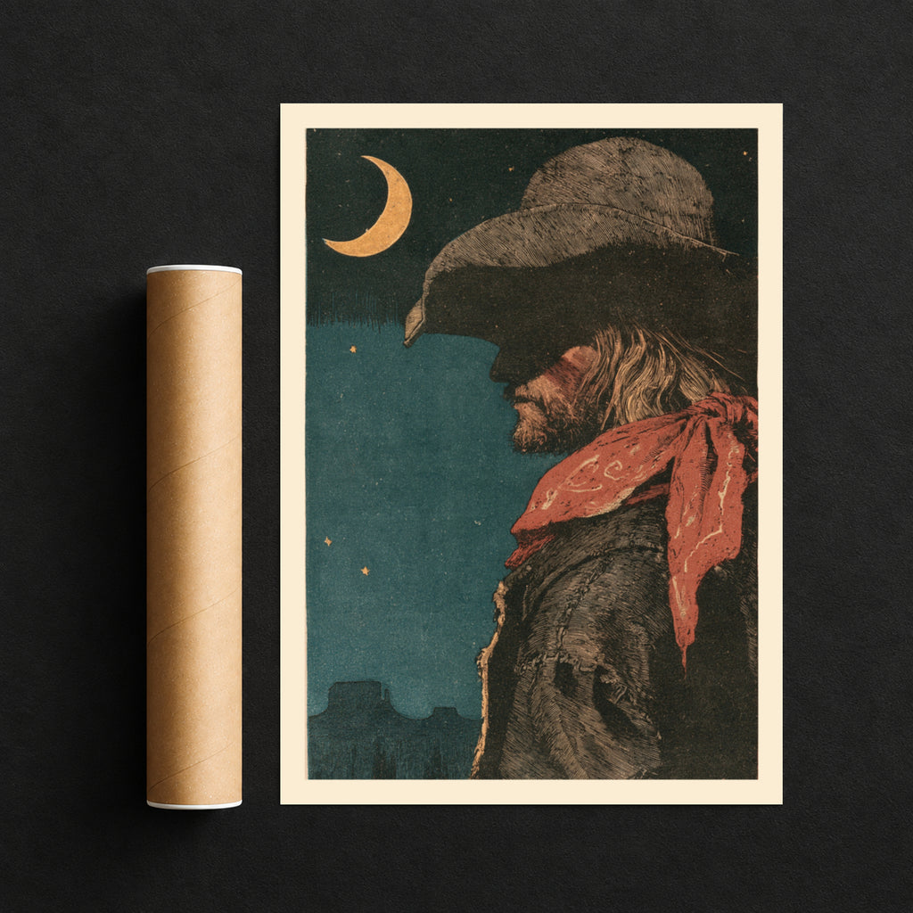 Western Cowboy Print, Vintage Woodcut Style Wall Art, Crescent Moon Desert Night, Red Bandana Poster